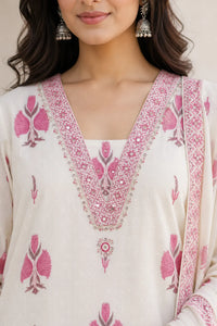 Pink Nayra pure cotton suit set with printed motifs and mirror detail — styled look on model, RITAURA
