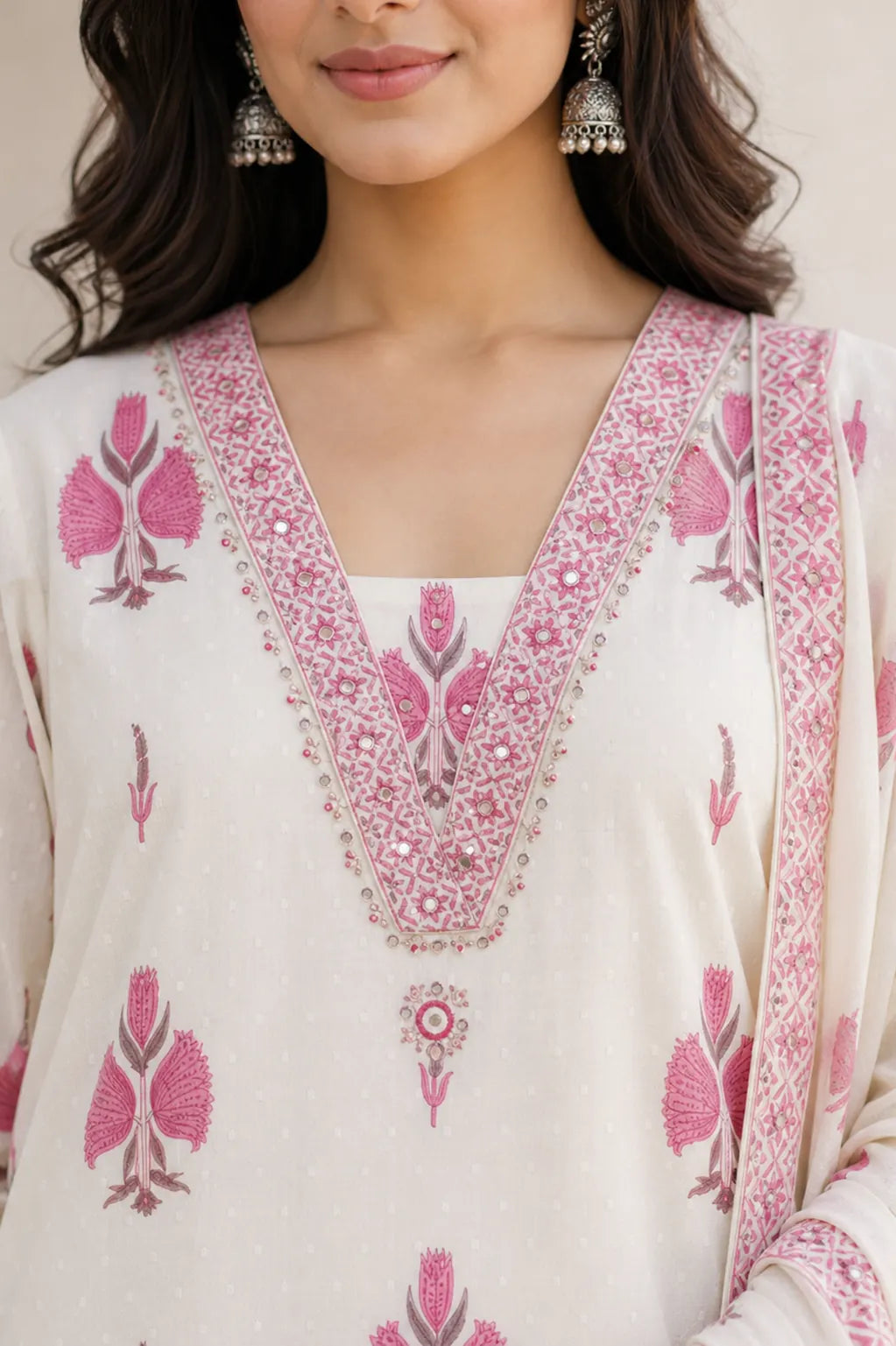 Pink Nayra pure cotton suit set with printed motifs and mirror detail — styled look on model, RITAURA