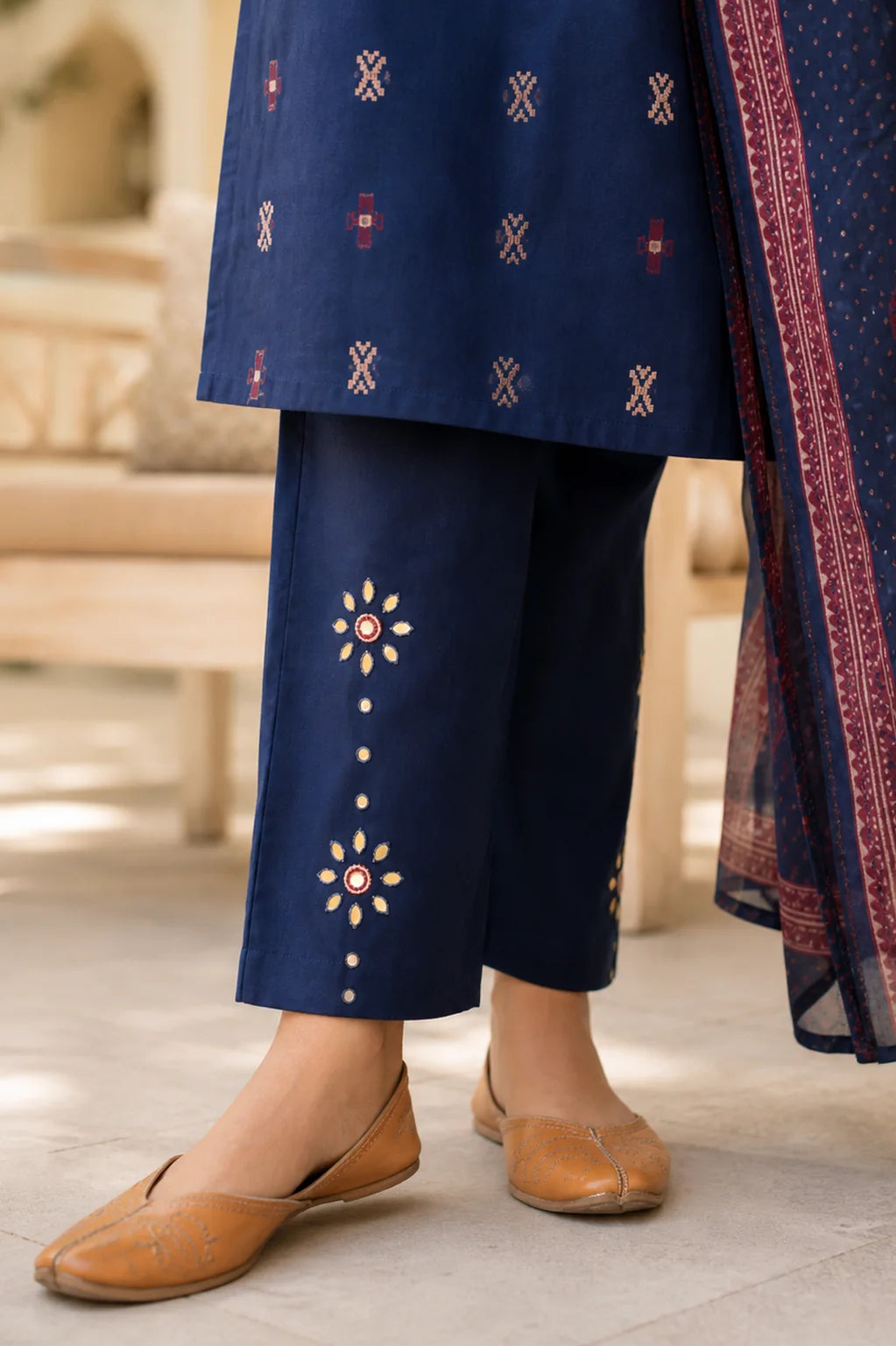 Blue Riva pure cotton suit set with thread work — styled look on model, RITAURA