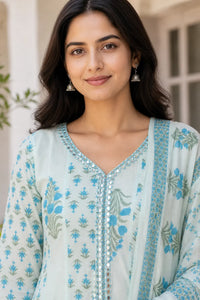 Blue Neerja mul cotton Anarkali suit set with soft flare — styled look on model, RITAURA