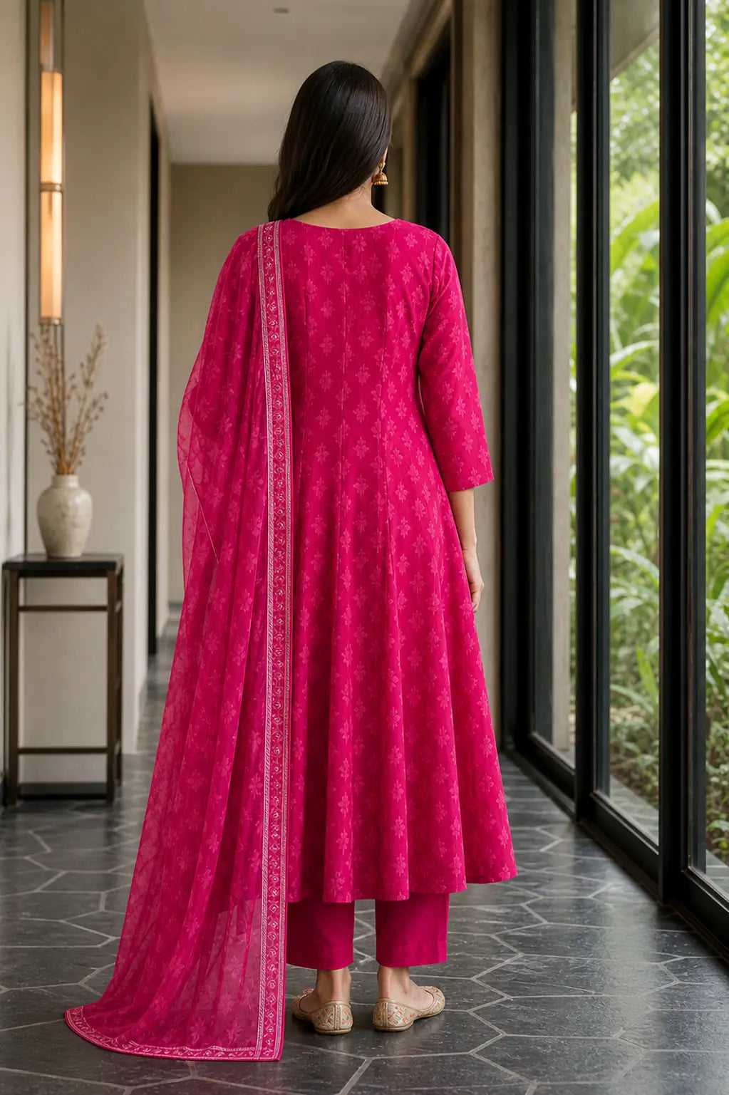 Rani pink Aarohi mul cotton Anarkali suit set with embroidered neckline — styled look on model, RITAURA