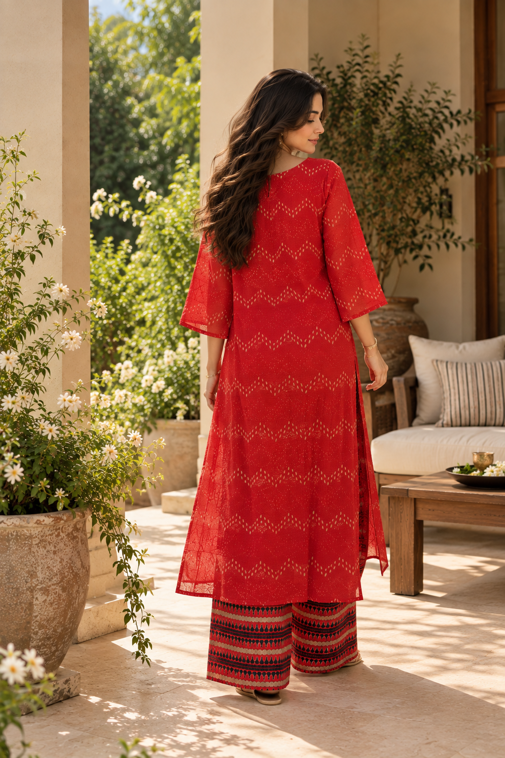 Red Printed Kota Cotton Kurta Set