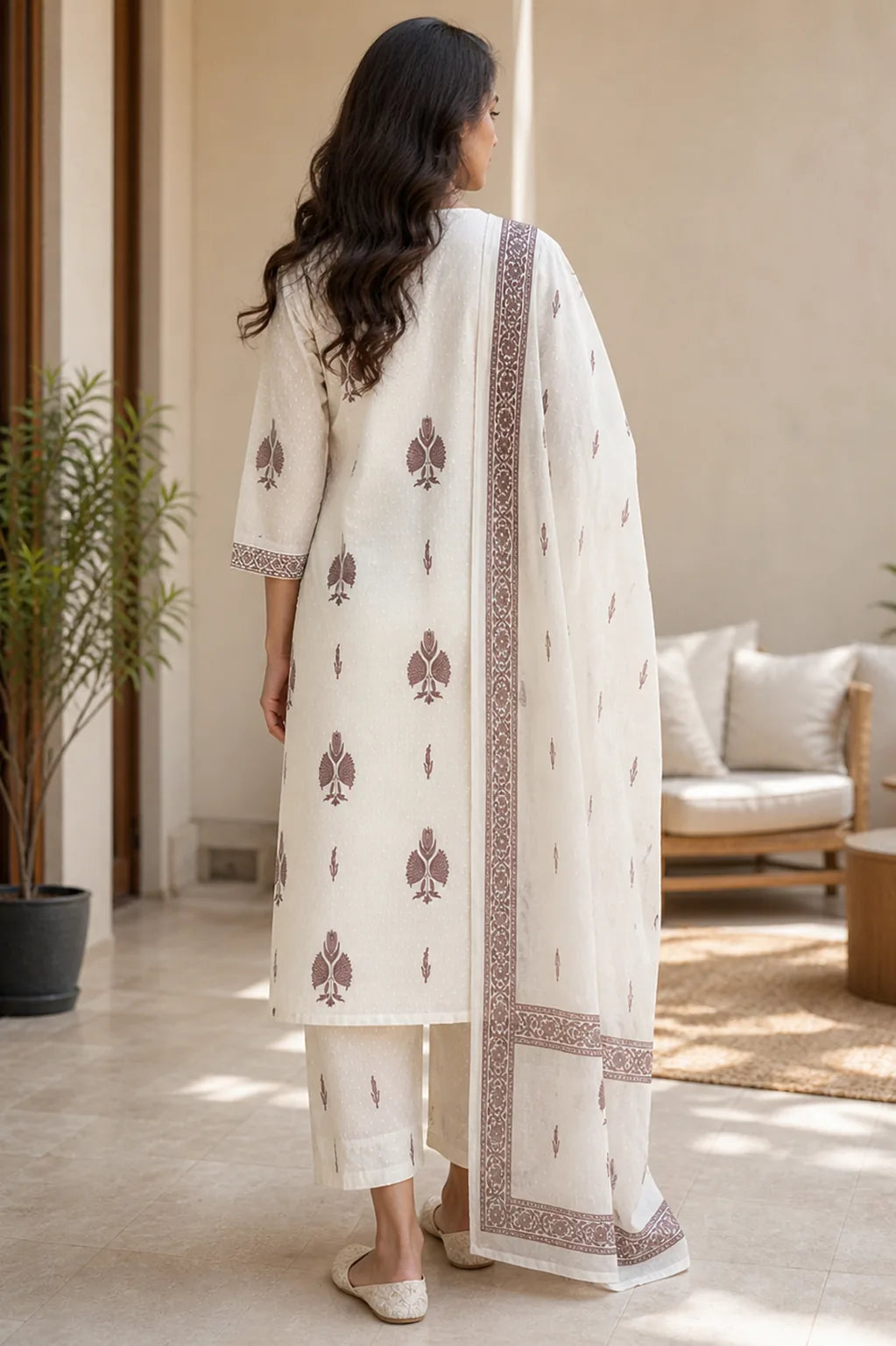 Brown Nayra pure cotton suit set with printed Anarkali silhouette — full styled look, RITAURA