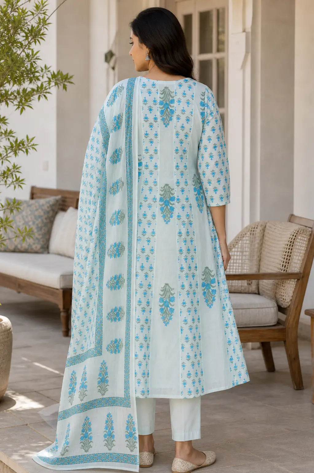 Blue Neerja mul cotton Anarkali suit set with soft flare — full styled look, RITAURA