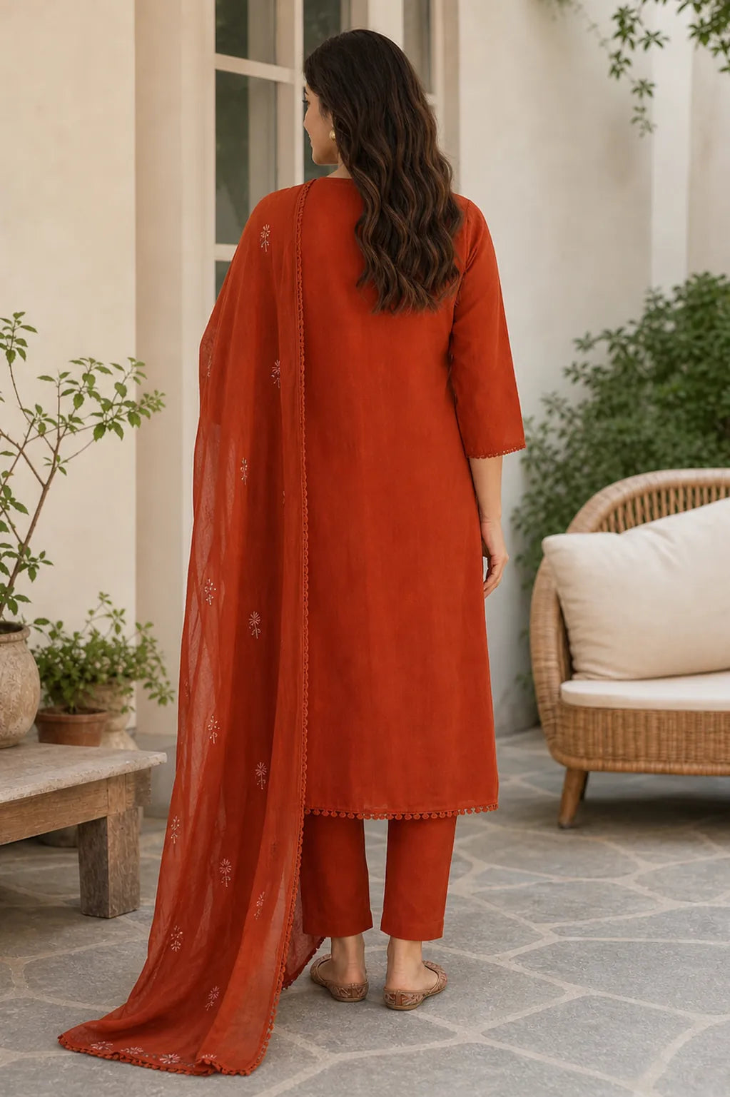 Warm rust Zariya mul cotton suit set with delicate detailing — full styled look, RITAURA