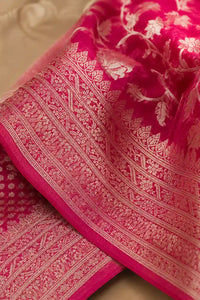 Rani pink zari georgette Banarasi suit set with fluid drape — back view, RITAURA