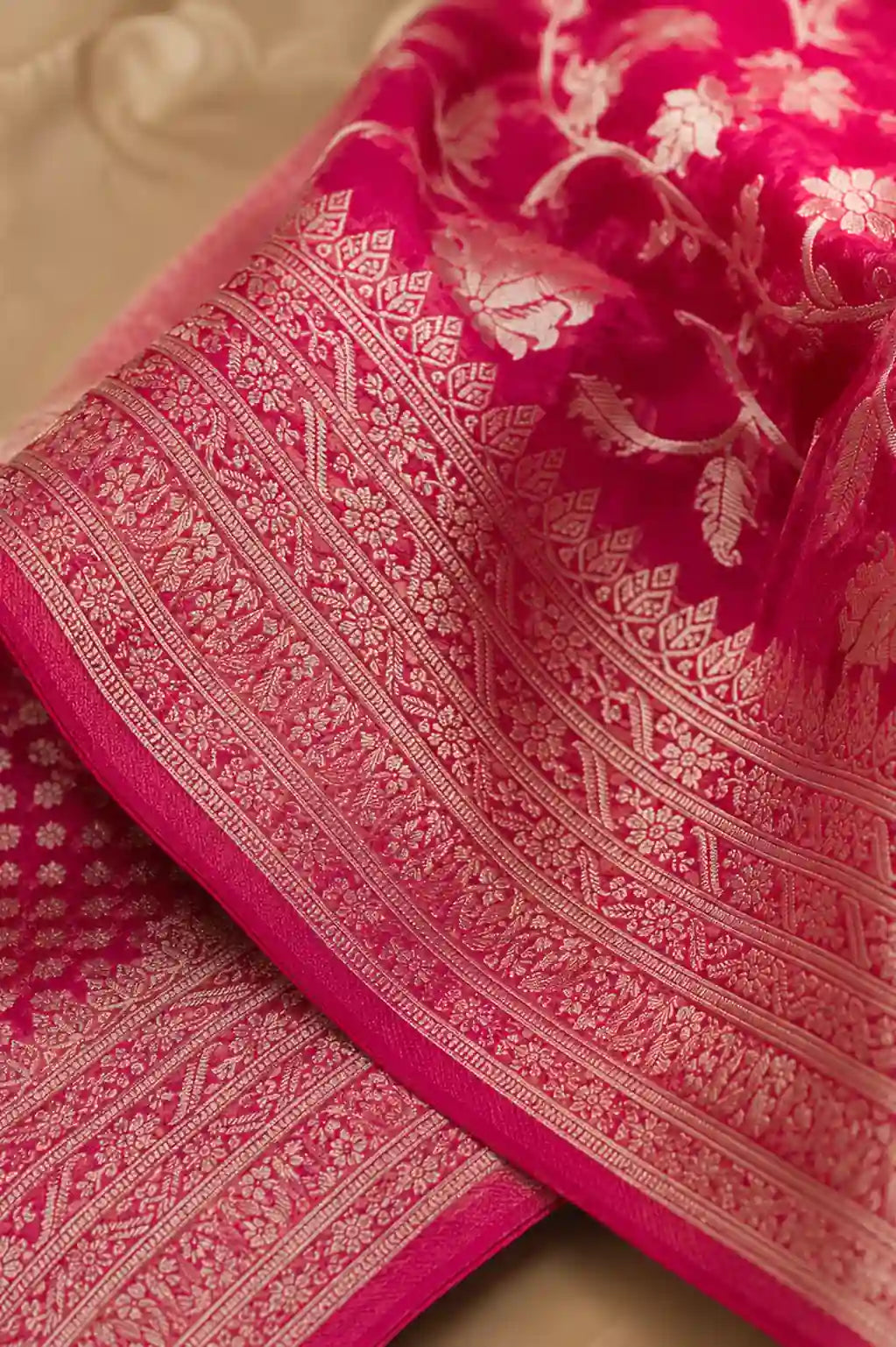Rani pink zari georgette Banarasi suit set with fluid drape — back view, RITAURA