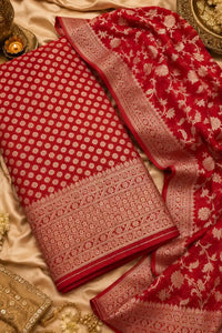 Sindoor red zari georgette Banarasi suit set with rich zari — front view, RITAURA