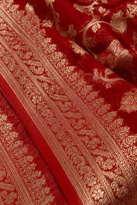 Sindoor red zari georgette Banarasi suit set with rich zari — back view, RITAURA