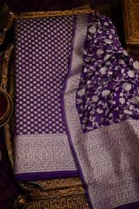 Plum Mehr zari georgette Banarasi suit set with rich zari — front view, RITAURA