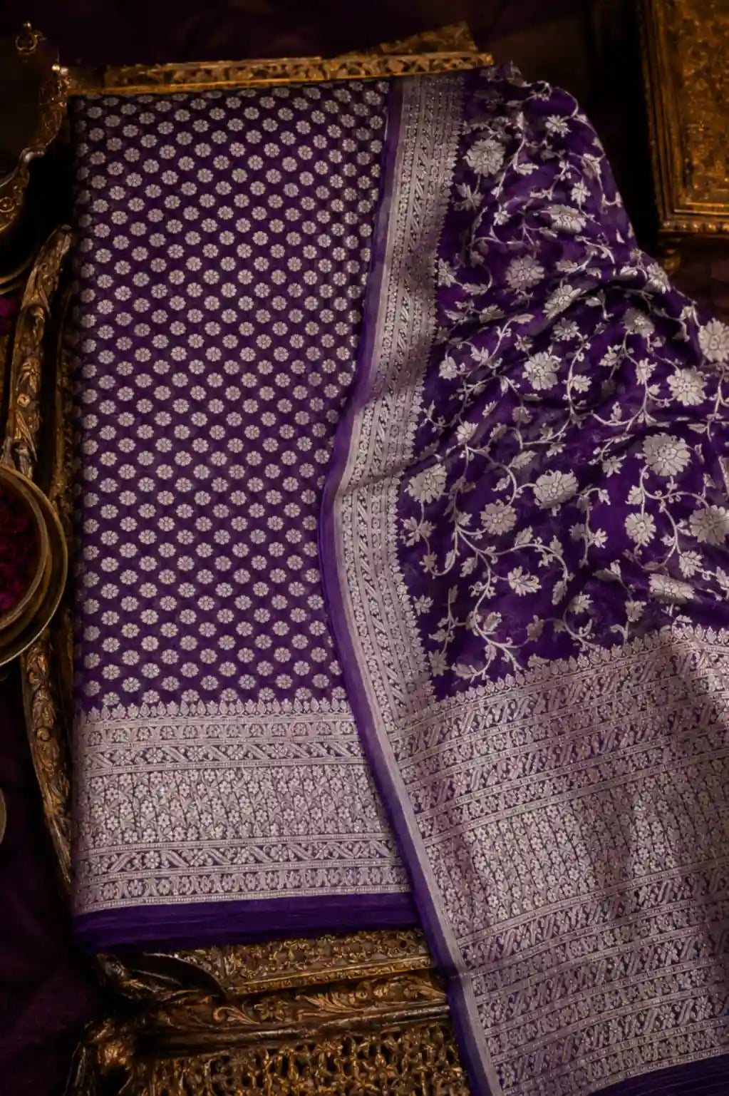 Plum Mehr zari georgette Banarasi suit set with rich zari — front view, RITAURA
