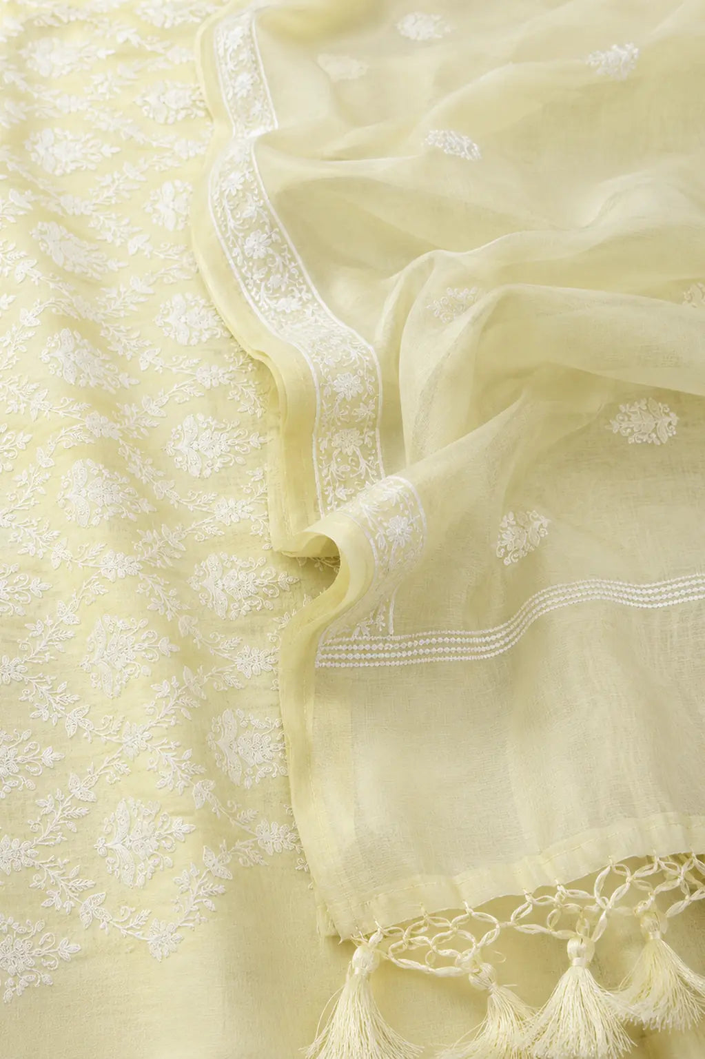 Lemon mist resham chanderi Banarasi suit set with zari motifs — back view, RITAURA