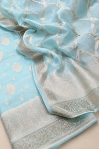Blue Neer resham silk Banarasi suit set with zari motifs — back view, RITAURA