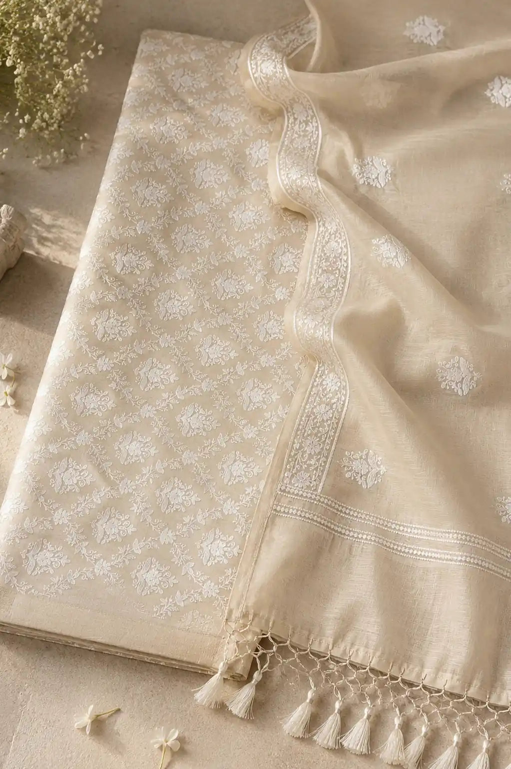 Resham chanderi Banarasi suit set with woven motifs — front view, RITAURA