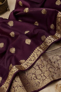 Plum zari chanderi Banarasi suit set with woven motifs — back view, RITAURA