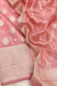 Pink Gulabi resham silk Banarasi suit set with zari motifs — back view, RITAURA