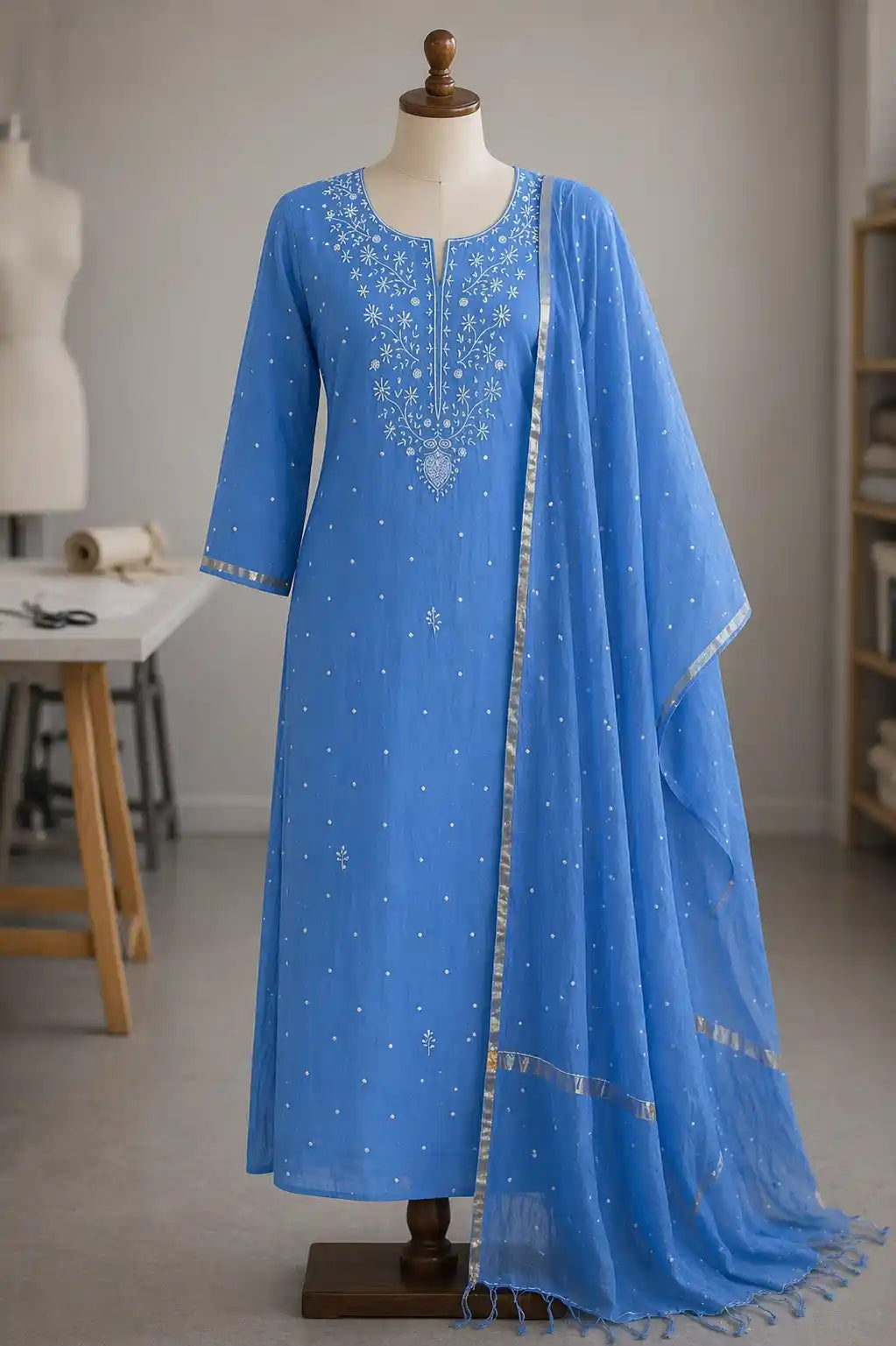 Azure blue Neelaya mul mul Chikankari set with white floral embroidery — front view, RITAURA