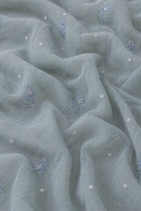 Mist blue Raahi mul mul Chikankari unstitched set — back view, RITAURA