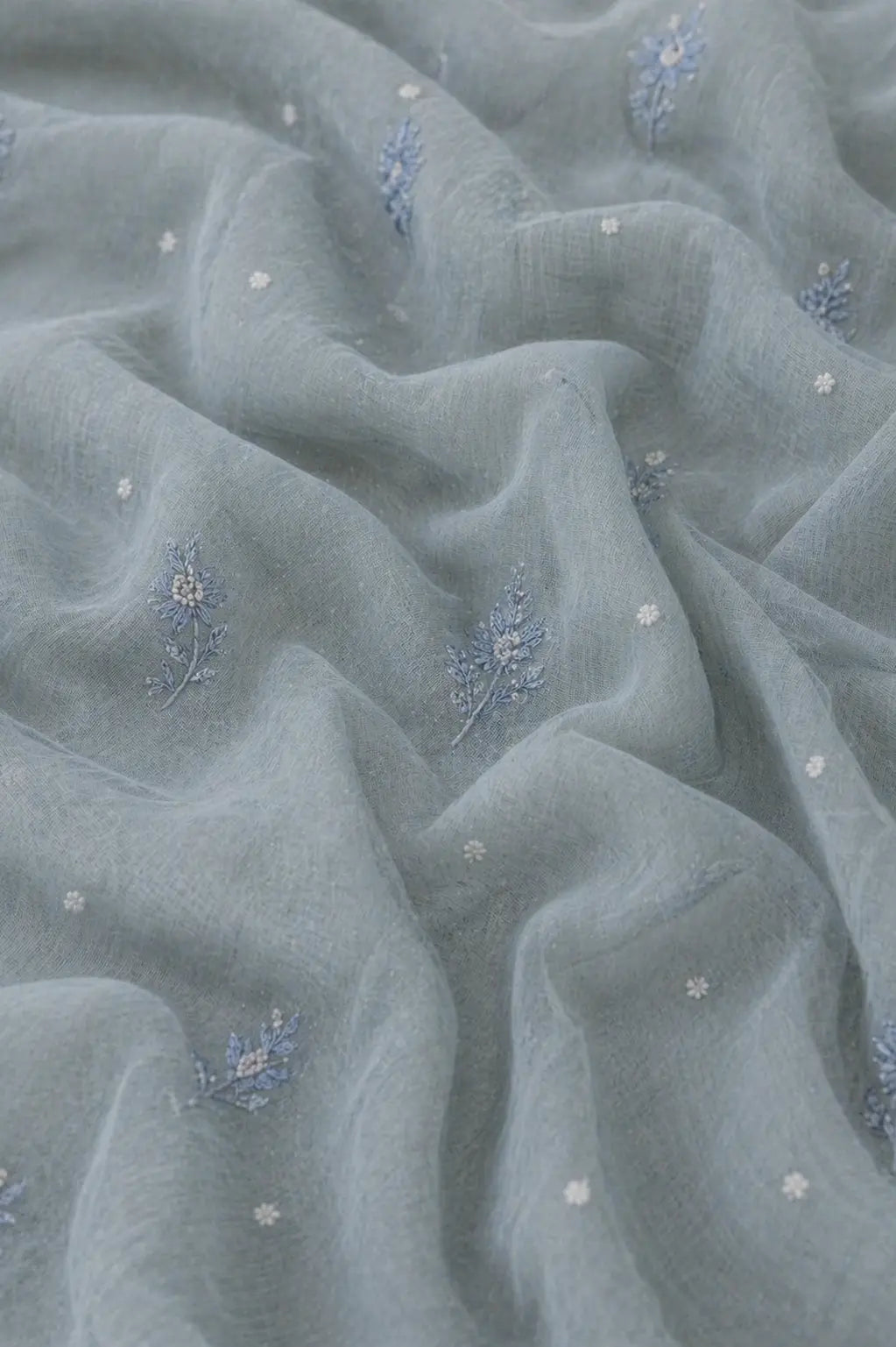 Mist blue Raahi mul mul Chikankari unstitched set — back view, RITAURA