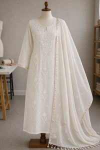 Ivory Safa mul mul Chikankari unstitched set with tonal embroidery — front view, RITAURA