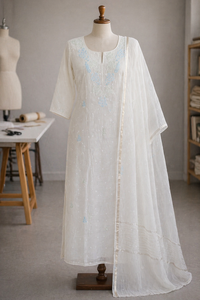 Ivory Noor-e-Safa mul mul Chikankari set with powder blue embroidery — front view, RITAURA