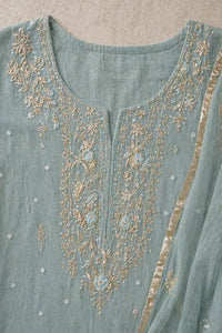 Dusty sage Saanjh mul mul Chikankari set with zari embroidery — back view, RITAURA