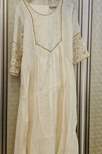 Ivory Aabha mul chanderi A-line suit set with gold neckline — full styled look, RITAURA