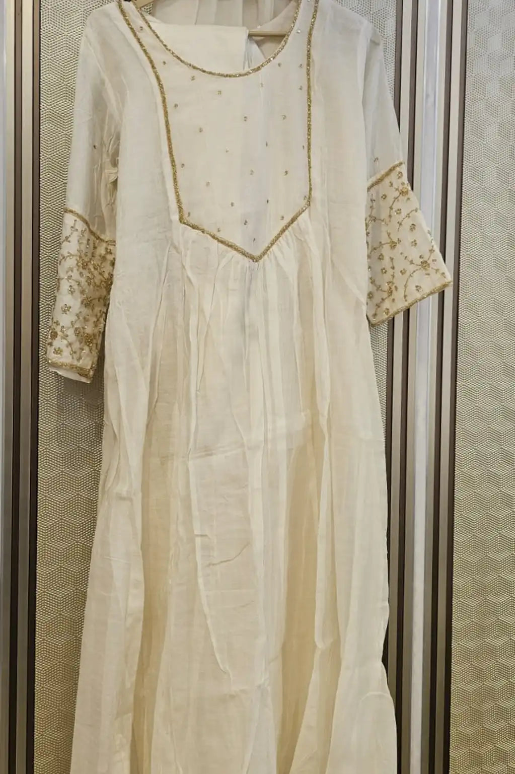 Ivory Aabha mul chanderi A-line suit set with gold neckline — full styled look, RITAURA