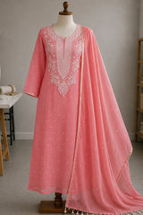 Coral Pink Chikankari Mal Chanderi Set