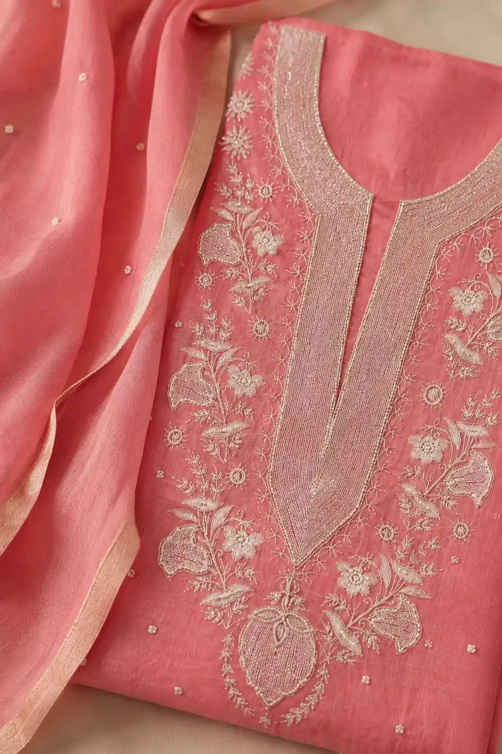 Coral pink Chikankari mal chanderi suit set with hand embroidery — close-up of weave and embroidery detail, RITAURA