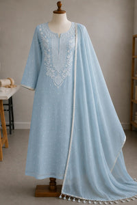 Powder blue Chikankari mal chanderi suit set with hand embroidery — front view, RITAURA