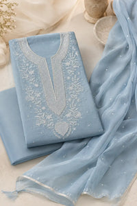 Powder blue Chikankari mal chanderi suit set with hand embroidery — back view, RITAURA