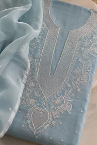 Powder blue Chikankari mal chanderi suit set with hand embroidery — close-up of weave and embroidery detail, RITAURA
