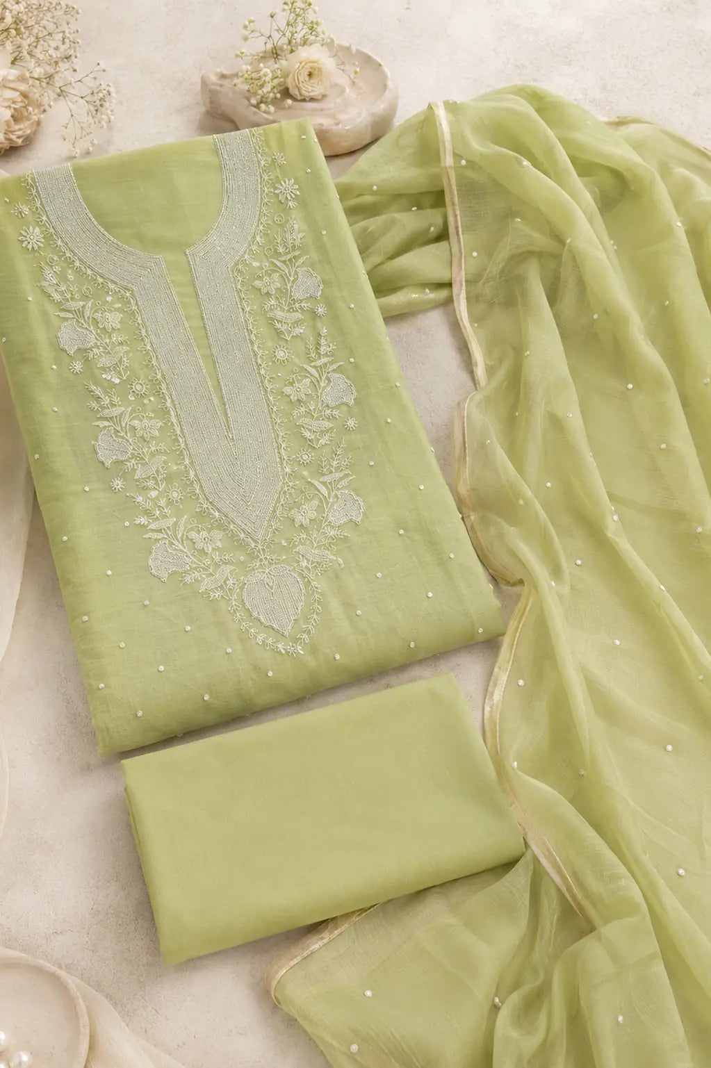 Pistachio Noor Chikankari mal chanderi suit set with hand embroidery — back view, RITAURA