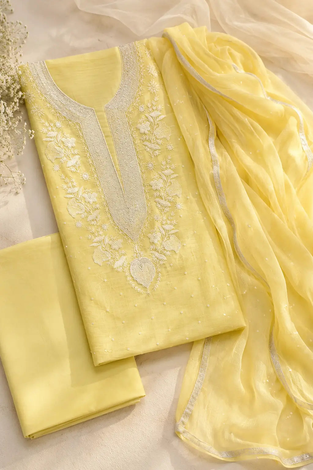 Lemon Noor Chikankari mal chanderi suit set with hand embroidery — back view, RITAURA