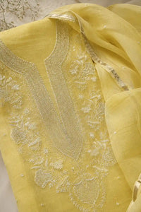 Lemon Noor Chikankari mal chanderi suit set with hand embroidery — close-up of weave and embroidery detail, RITAURA