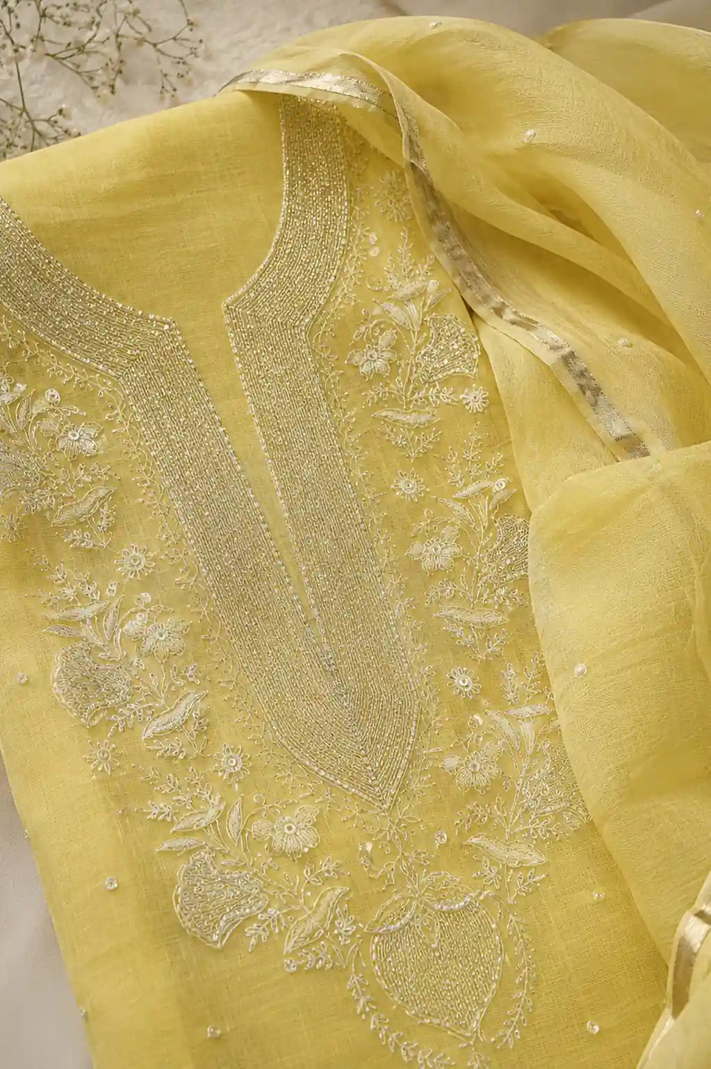 Lemon Noor Chikankari mal chanderi suit set with hand embroidery — close-up of weave and embroidery detail, RITAURA