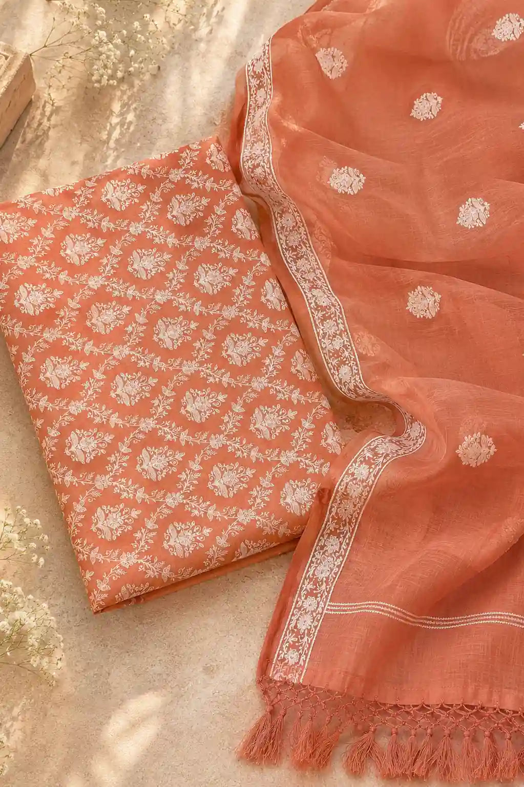 Terracotta resham chanderi Banarasi suit set with zari motifs — front view, RITAURA