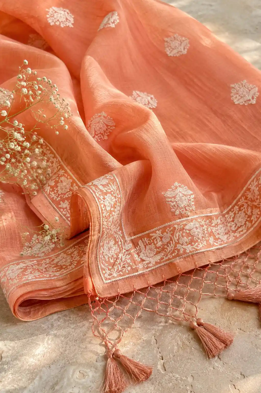 Terracotta resham chanderi Banarasi suit set with zari motifs — back view, RITAURA