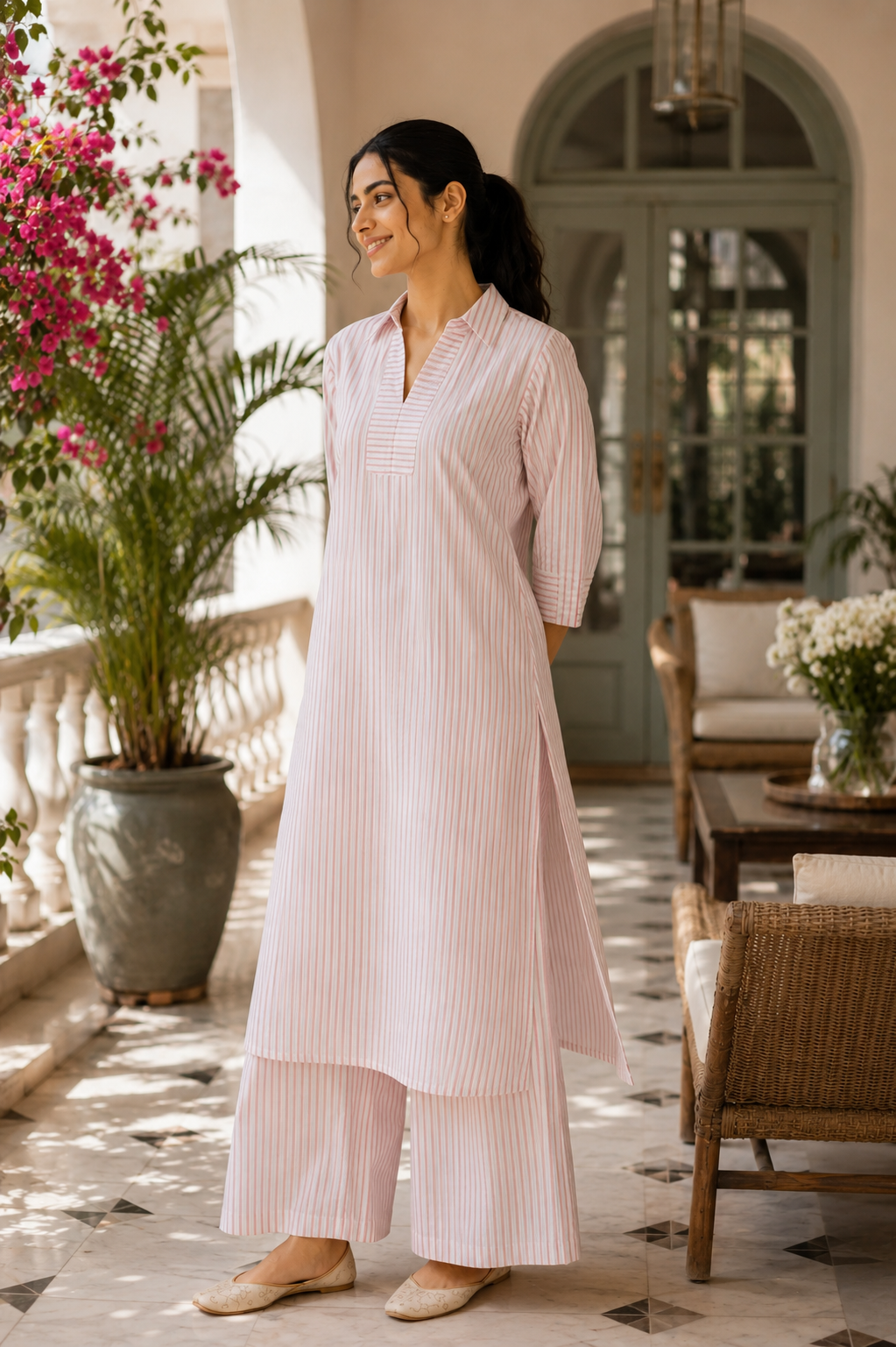 Pink Striped Organic Cotton Kurta Set