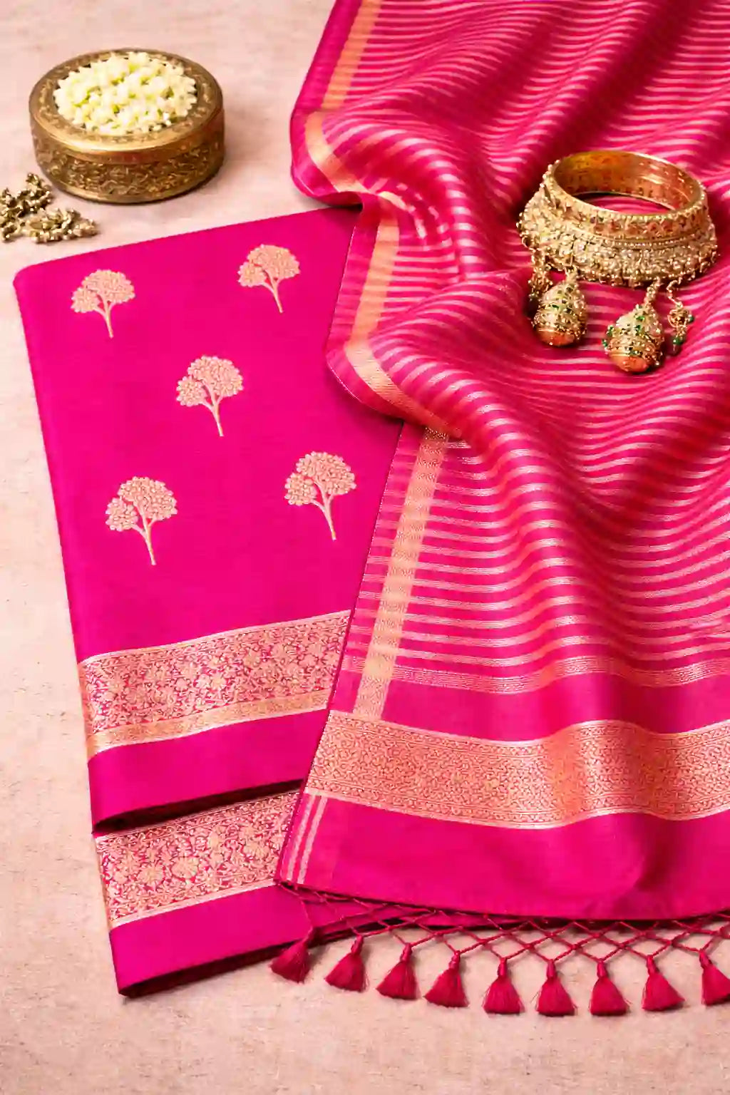 Rani pink Mehr Banarasi suit set in resham chanderi with zari motifs by RITAURA