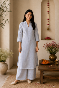 Blue Striped Organic Cotton Kurta Set