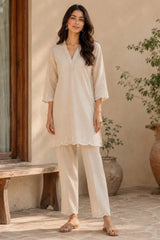 Beige Cotton Embroidered Co-ord Set