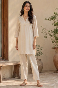 Beige Cotton Embroidered Co-ord Set