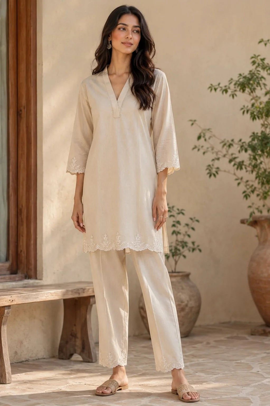 Beige Cotton Embroidered Co-ord Set