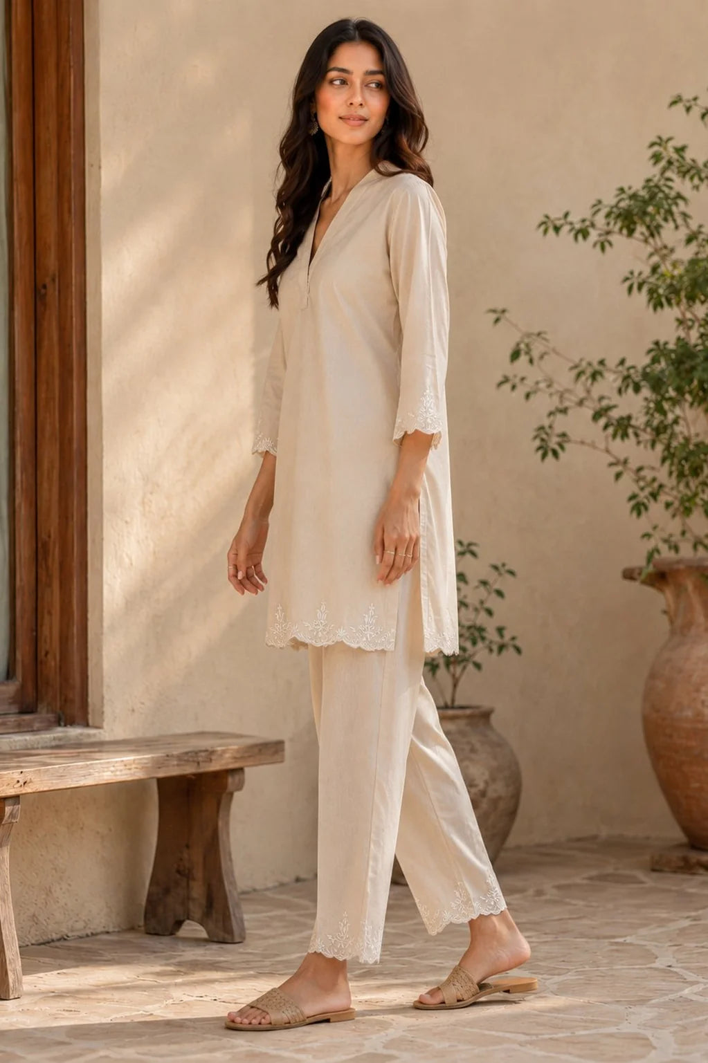 Beige Cotton Embroidered Co-ord Set