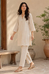 Beige Cotton Embroidered Co-ord Set