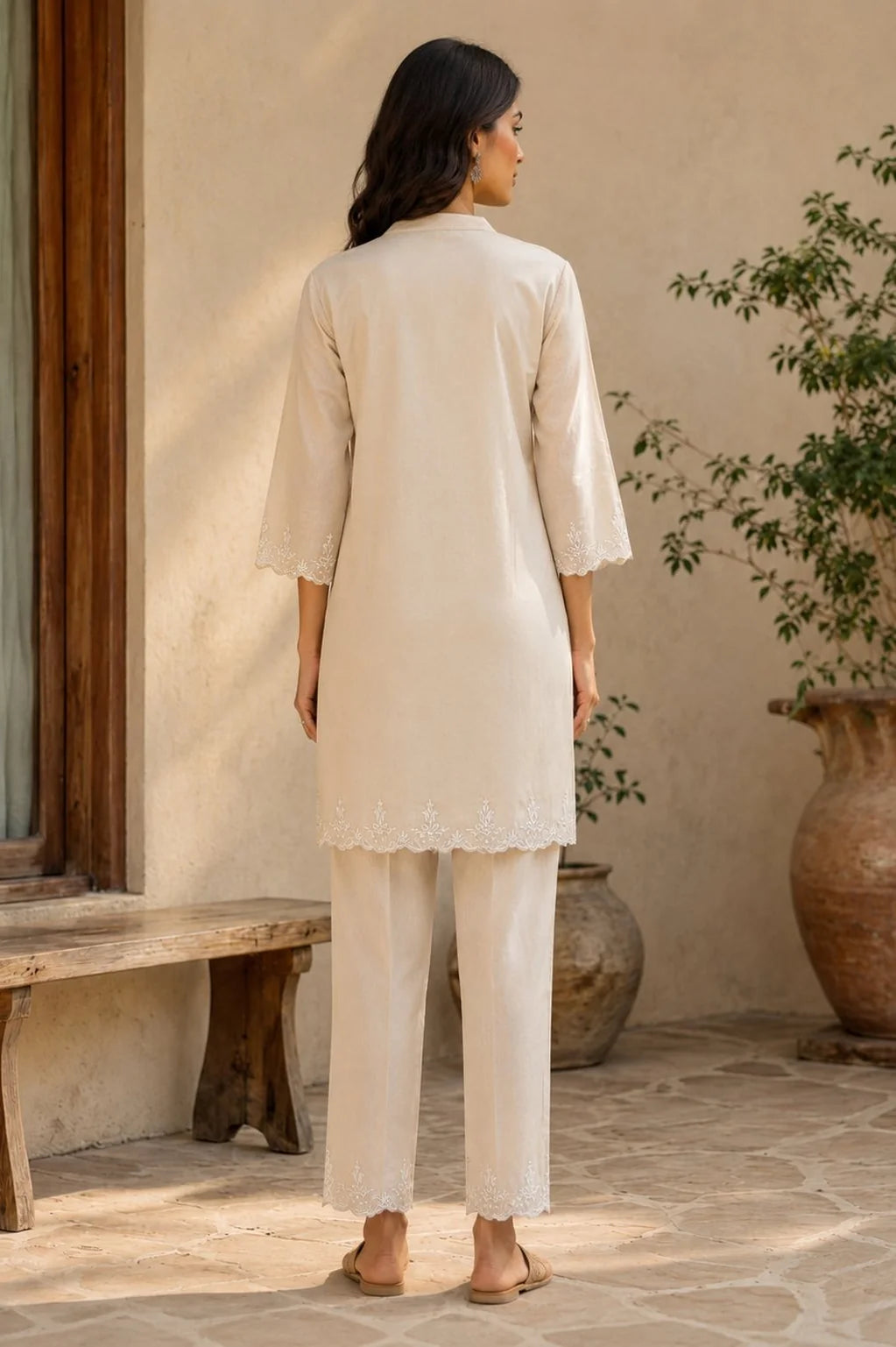 Beige Cotton Embroidered Co-ord Set