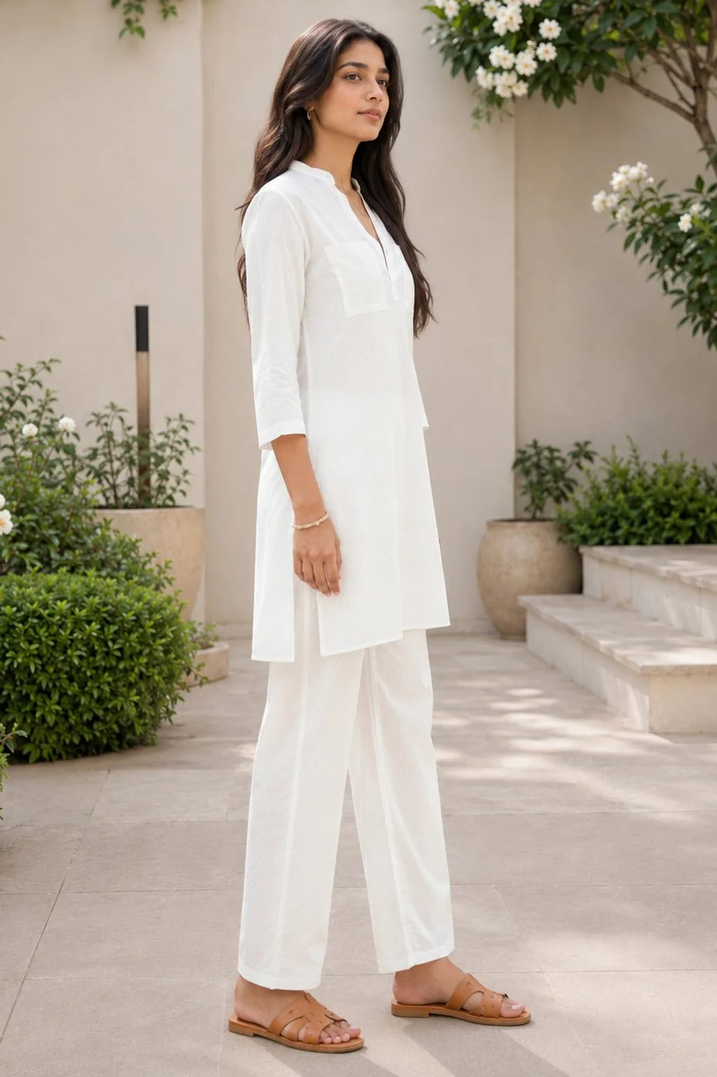 White Self Cotton Co-ord Set
