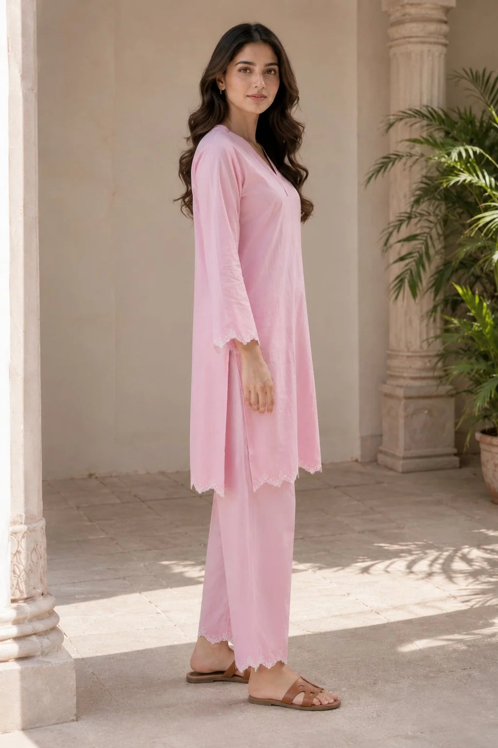 Pink Linen Embroidered Co-ord Set
